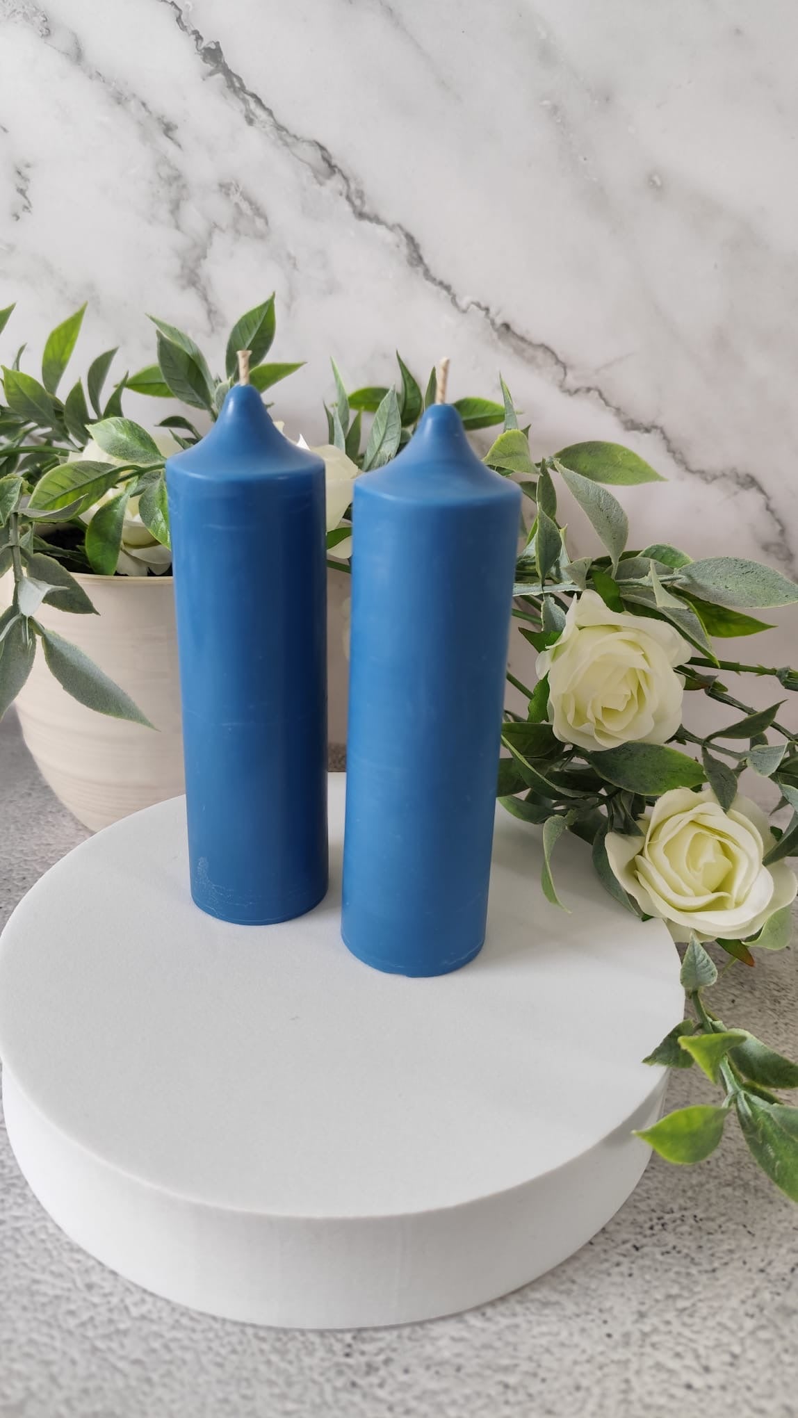 Blue Soy Wax Church Pillar Candles - Unscented, Set of 2 (4 Sizes)