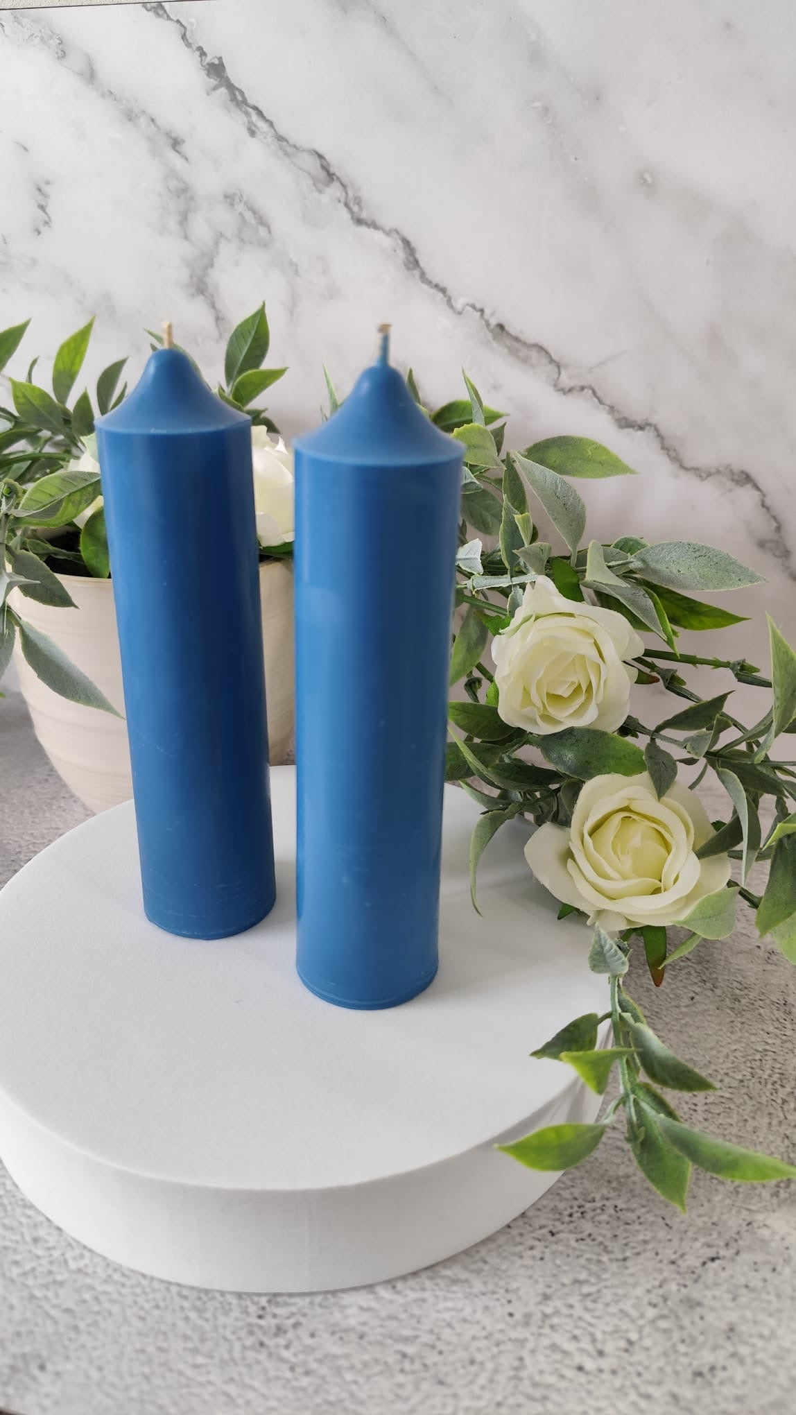 Blue Soy Wax Church Pillar Candles - Unscented, Set of 2 (4 Sizes)