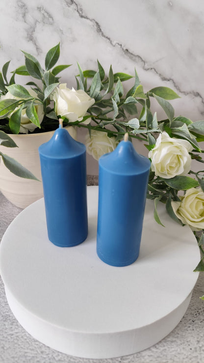 Blue Soy Wax Church Pillar Candles - Unscented, Set of 2 (4 Sizes)